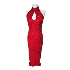 Scala Vintage 80s Red Beaded Sequin Sheath Evening Dress Formal Glamourcore M